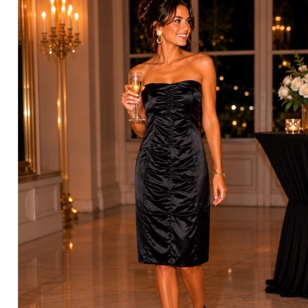 Nicole Miller Collection‎ Black Satin Strapless Ruched Cocktail Dress Size 6